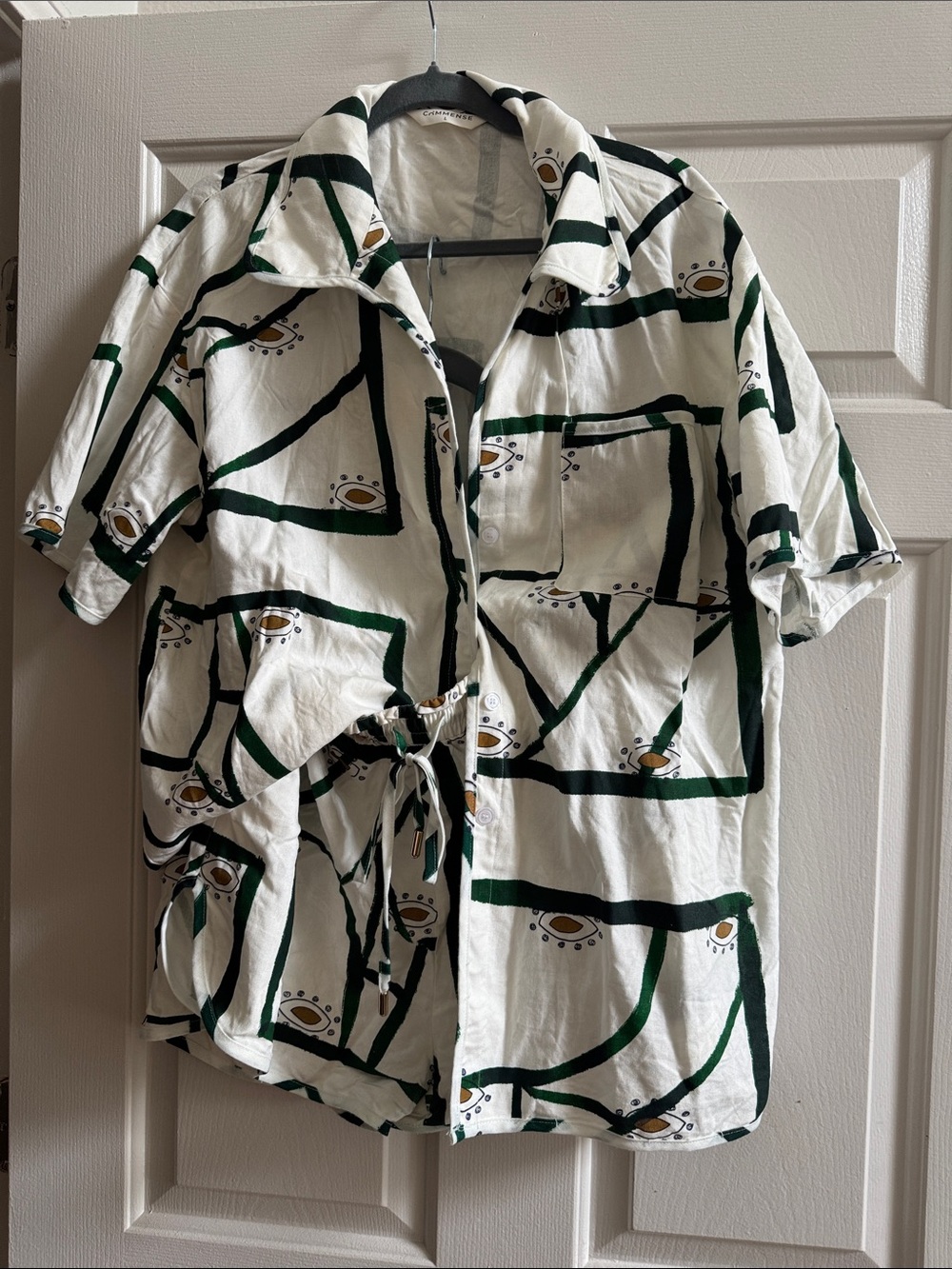 White & Green Geometric Short-Sleeve Women’s Shirt and Short Set